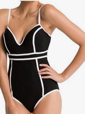 SPANX One Piece Swimsuit Size 10 Black Teal Trim Sculpting Tummy Control Padded